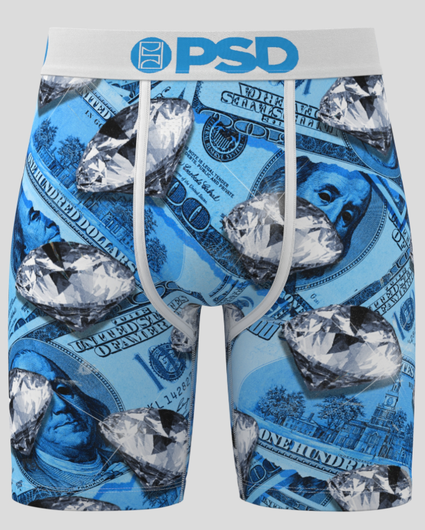 Blue BRIEFs with dollar bill and diamond pattern on a white background