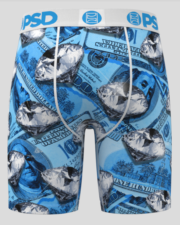 Boxer briefs with dollar bill and diamond pattern on a white background