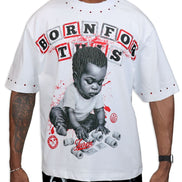 Person wearing a white t-shirt with graphic design and text