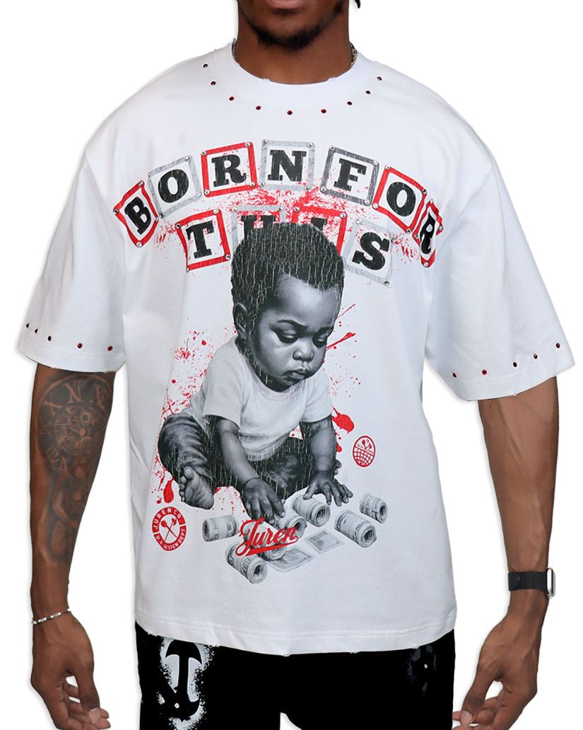 Person wearing a white t-shirt with graphic design and text