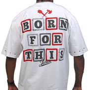 Person wearing a white t-shirt with text on the back