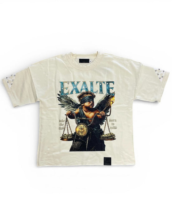 BEIGE t-shirt with graphic design and 'Exalte' text on a white background