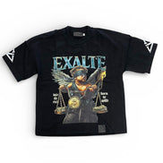 Black t-shirt with graphic design and 'Exalte' text on a white background