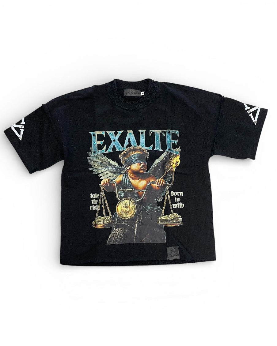 Black t-shirt with graphic design and 'Exalte' text on a white background