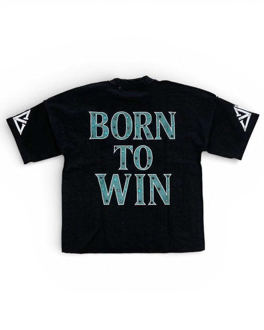 Black t-shirt with 'Born to Win' text on a white background