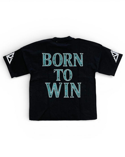 Black t-shirt with 'Born to Win' text on a white background