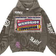 Gray hoodie with graphic design and text on a white background