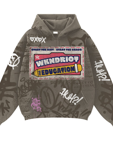 Gray hoodie with graphic design and text on a white background