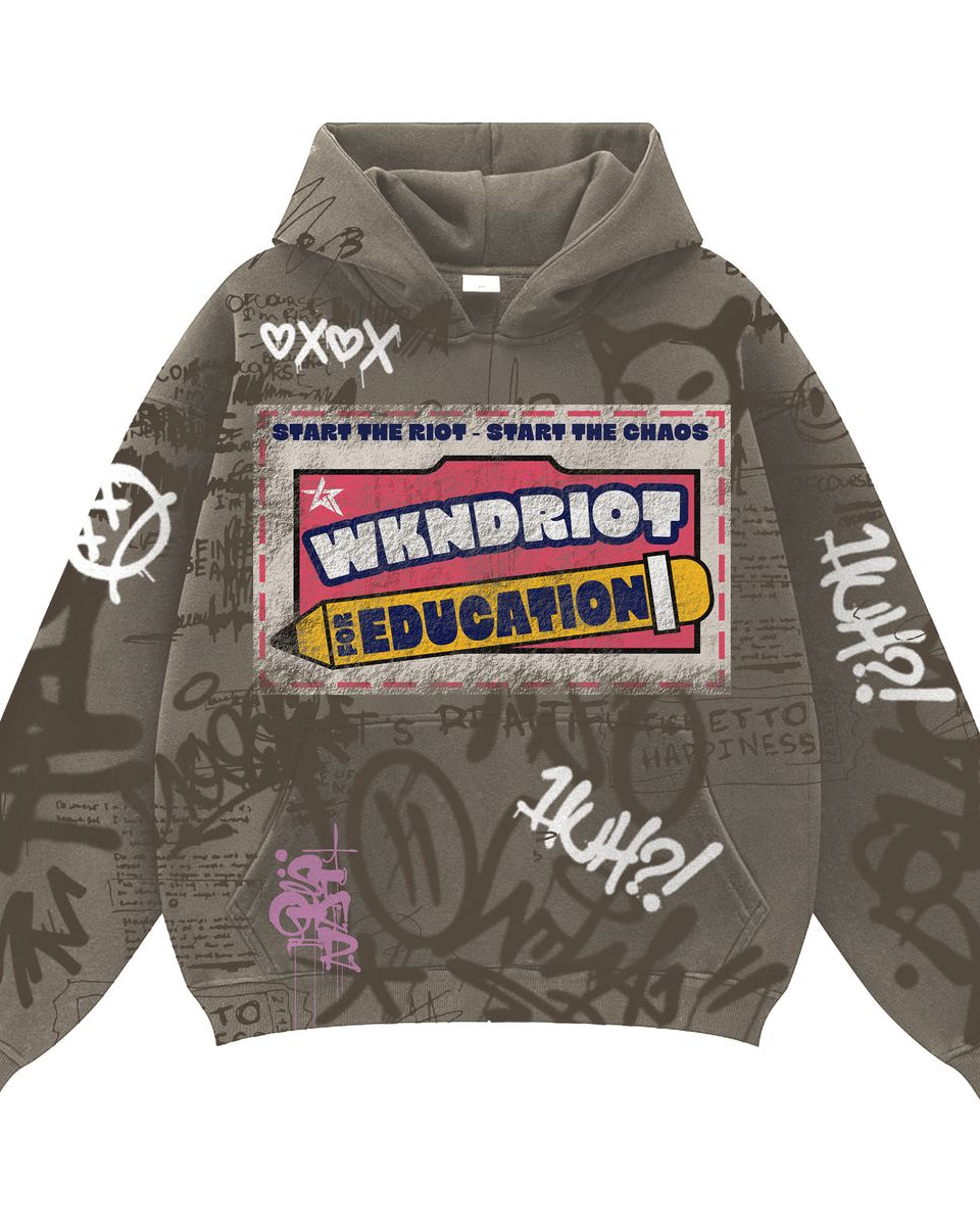 Gray hoodie with graphic design and text on a white background