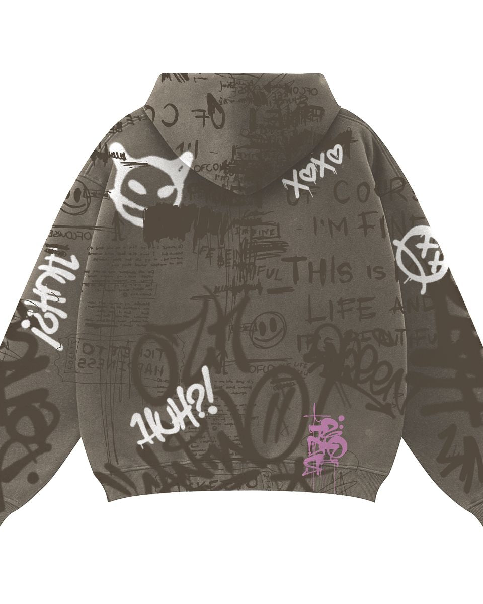 Gray hoodie with graffiti-style text and symbols on a white background