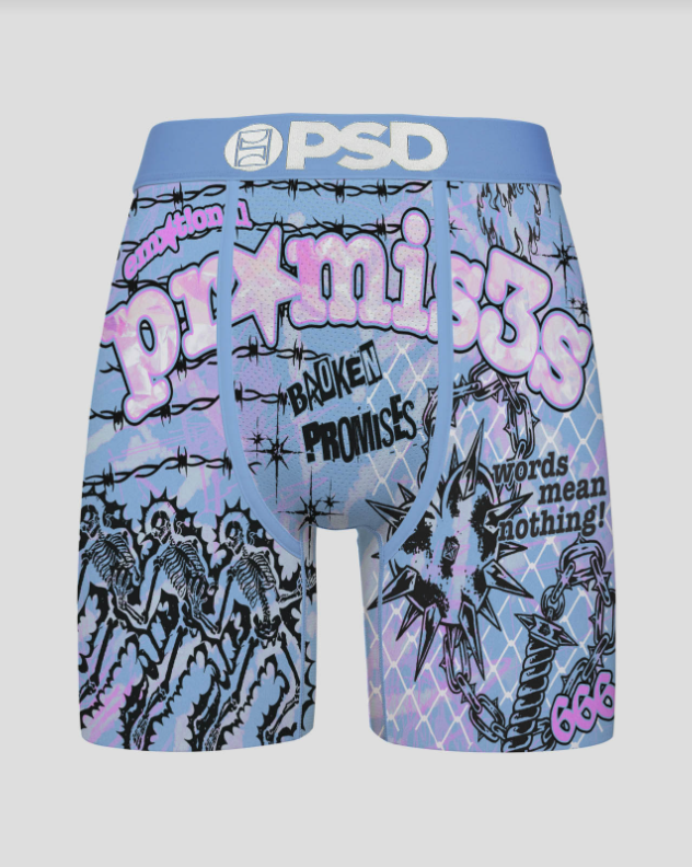 PSD underwear with graphic design and text on a gray background