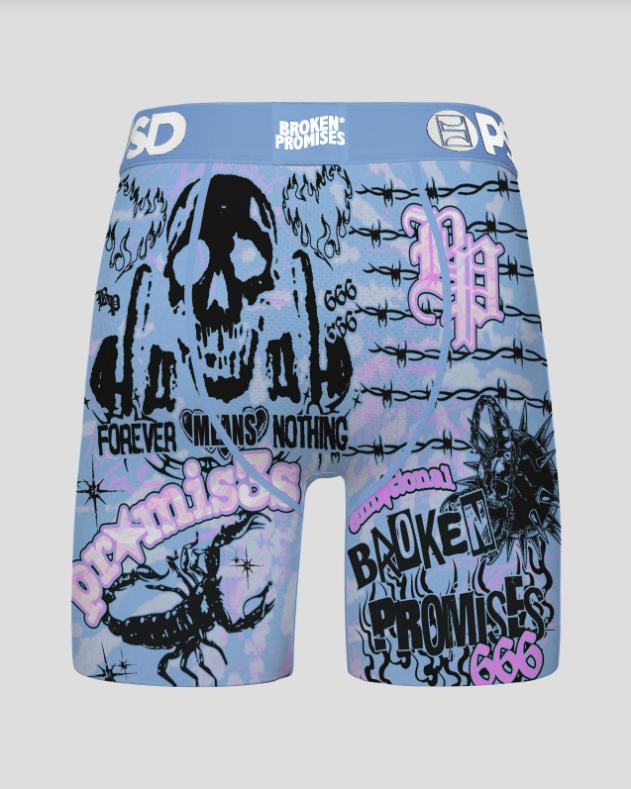 Blue boxer briefs with graphic designs and text on a white background