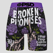 BRIEFS with purple roses, text, and a PSD logo on a gray background