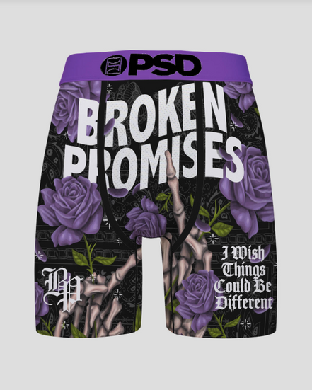 BRIEFS with purple roses, text, and a PSD logo on a gray background