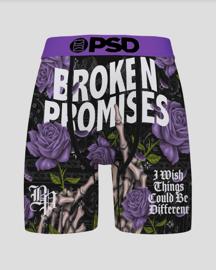 BRIEFS with purple roses, text, and a PSD logo on a gray background
