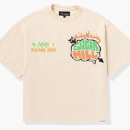 Beige t-shirt with graphic design and text on a white background