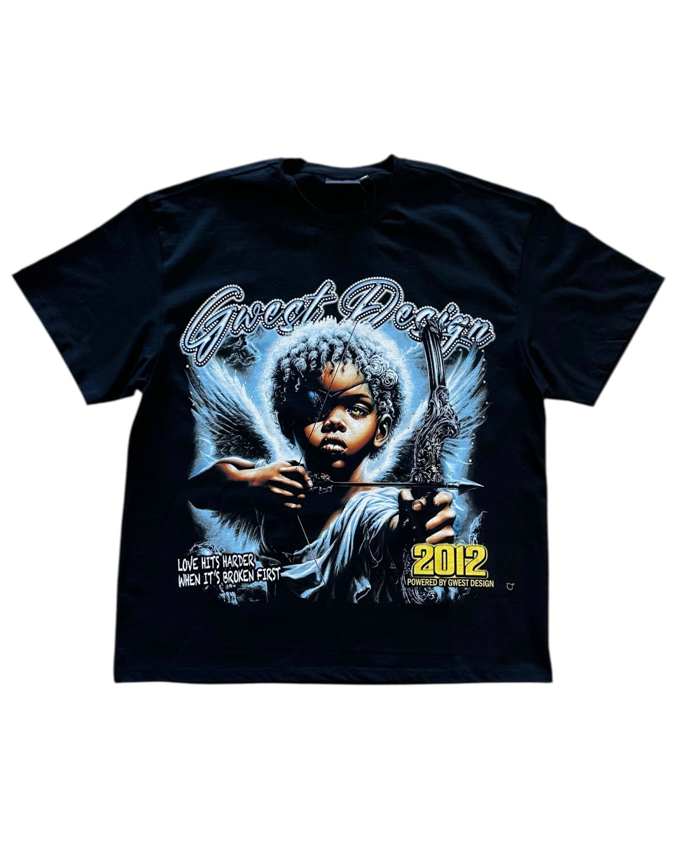 Black t-shirt with graphic design featuring a child and text on a white background