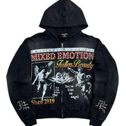 washed black full-zip hoodie with graphics and rhinestone details.