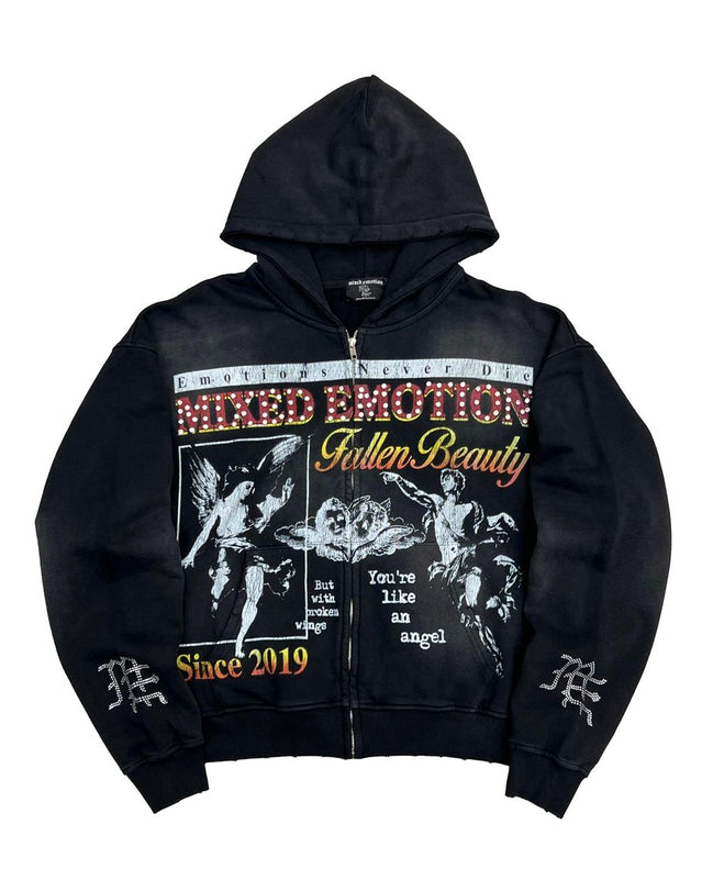 washed black full-zip hoodie with graphics and rhinestone details.