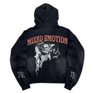 washed black hoodie with graphics and rhinestone details.