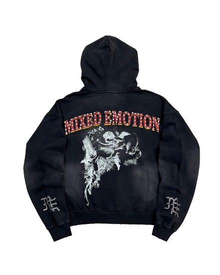 washed black hoodie with graphics and rhinestone details.