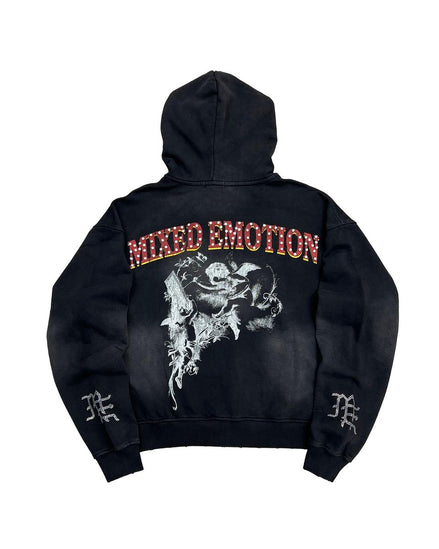 washed black hoodie with graphics and rhinestone details.