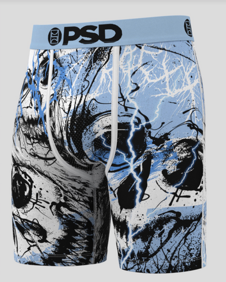 Boxer briefs with abstract design and 'PSD' branding on a light gray background