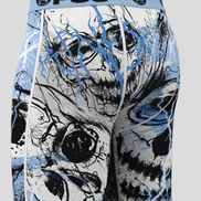 Boxer briefs with a graphic design featuring skulls and blue accents on a gray background.