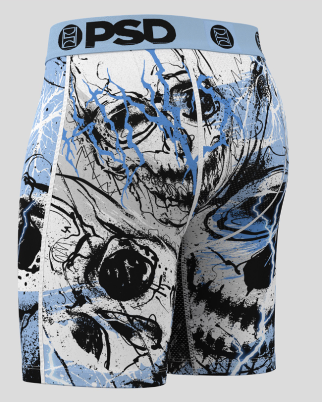 Boxer briefs with a graphic design featuring skulls and blue accents on a gray background.