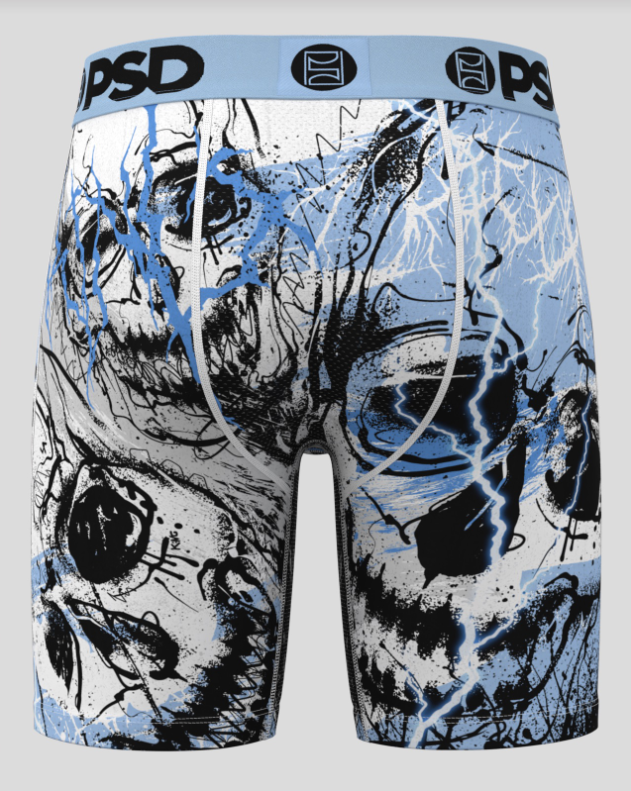 Boxer briefs with abstract design and 'PSD' branding on a light blue background
