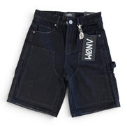 Black shorts with a brand tag on a white background