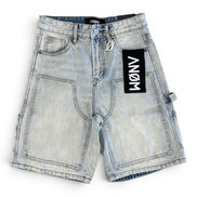 Light blue denim shorts with a brand label on a white background