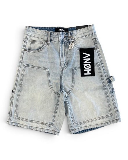 Light blue denim shorts with a brand label on a white background