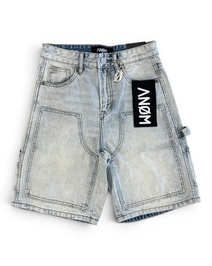 Light blue denim shorts with a brand label on a white background
