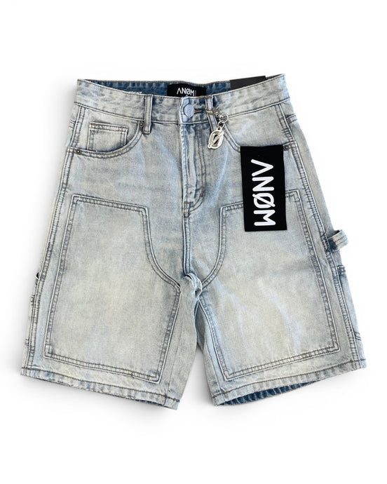 Light blue denim shorts with a brand label on a white background