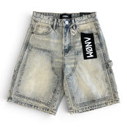Denim shorts with brand logo on a white background
