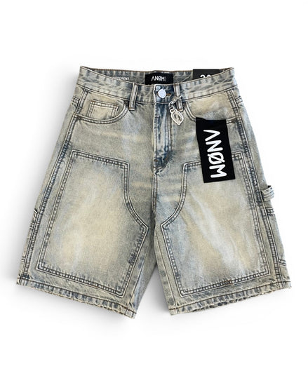 Denim shorts with brand logo on a white background