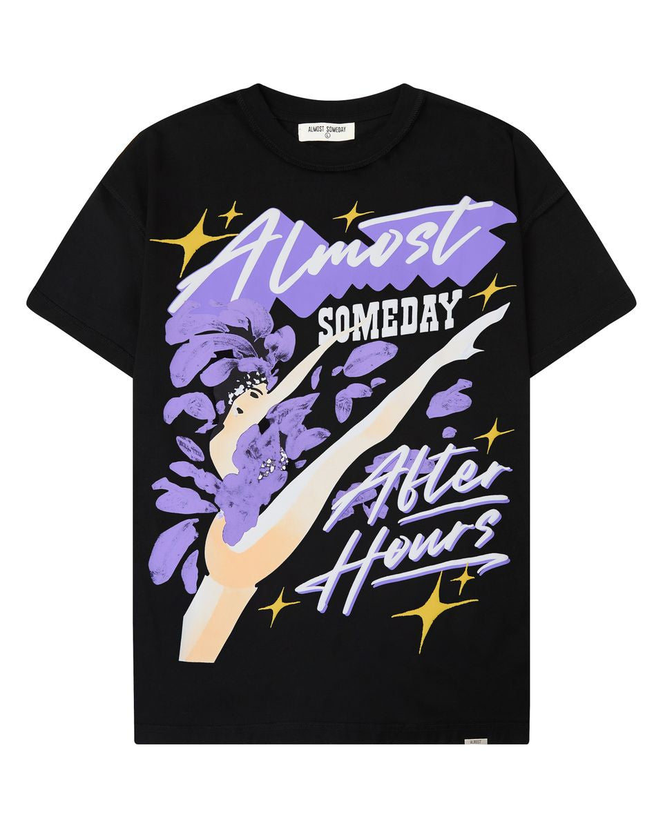 Black t-shirt with artistic design and text on a white background