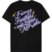 Black t-shirt with colorful text and star graphics on a white background