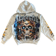 Hoodie with a colorful skull design on a white background