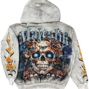 Gray hoodie with a colorful skull and floral design on the back against a white background