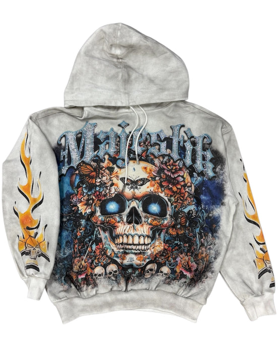 Gray hoodie with a colorful skull and floral design on the back against a white background