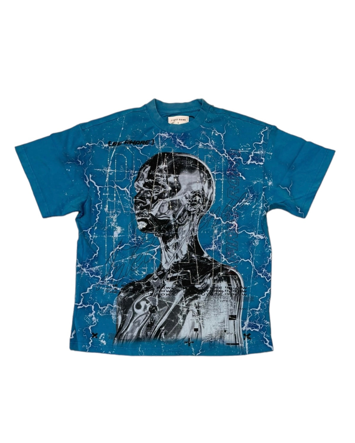 Front view of the vintage be aware tee in blue