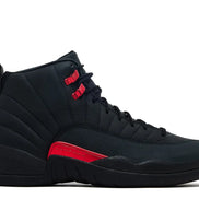 Black high-top sneaker with red accents on a white background