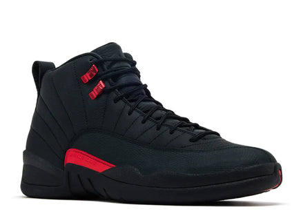Black high-top sneaker with red accents on a white background