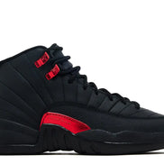 Black high-top sneaker with red accents on a white background