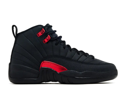 Black high-top sneaker with red accents on a white background