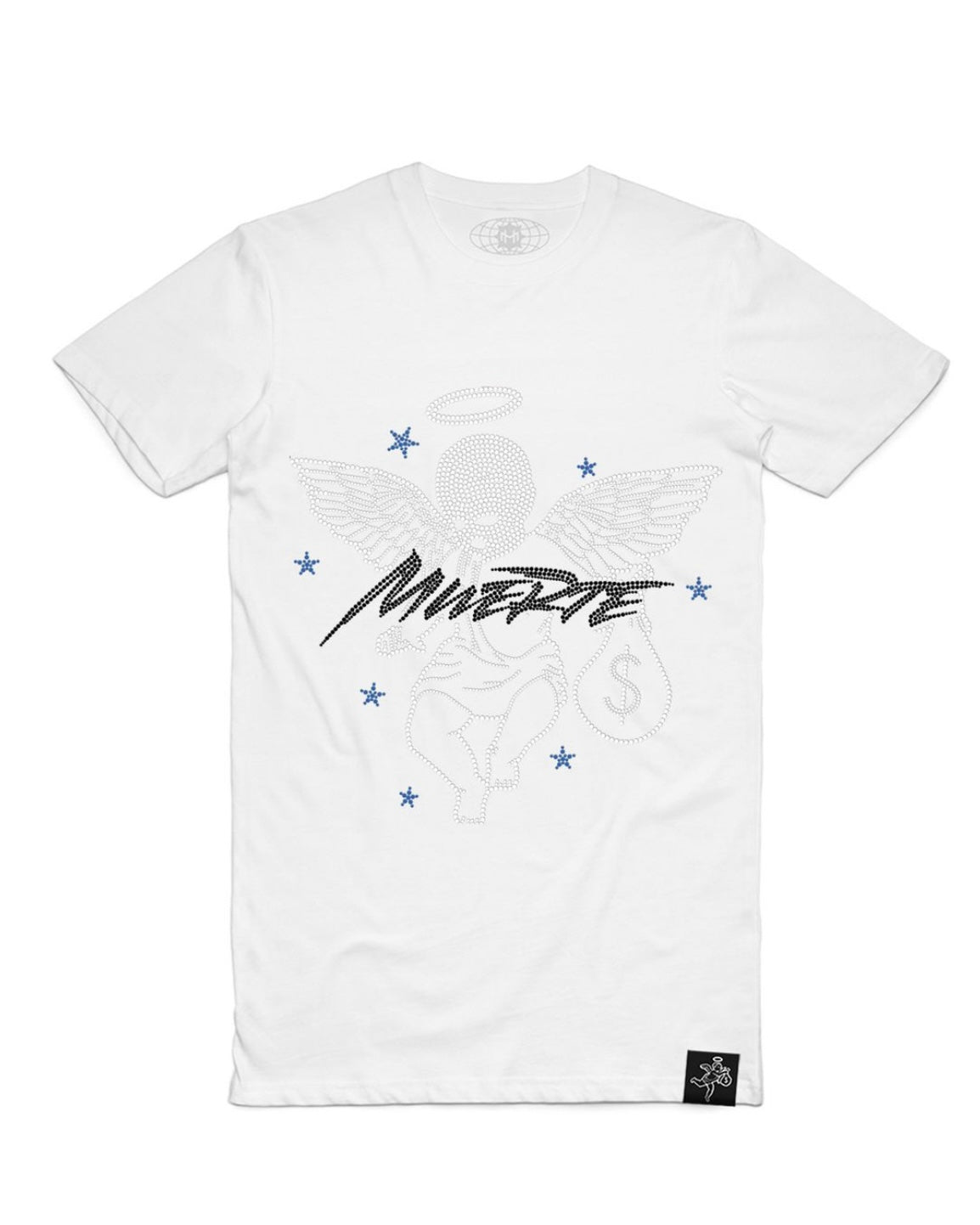 Hustle daily Muerte Script Blue Star Rhinestone Tee in white