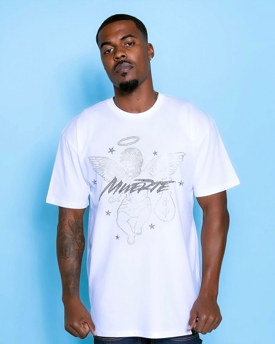 Hustle daily Muerte Script Blue Star Rhinestone Tee in white