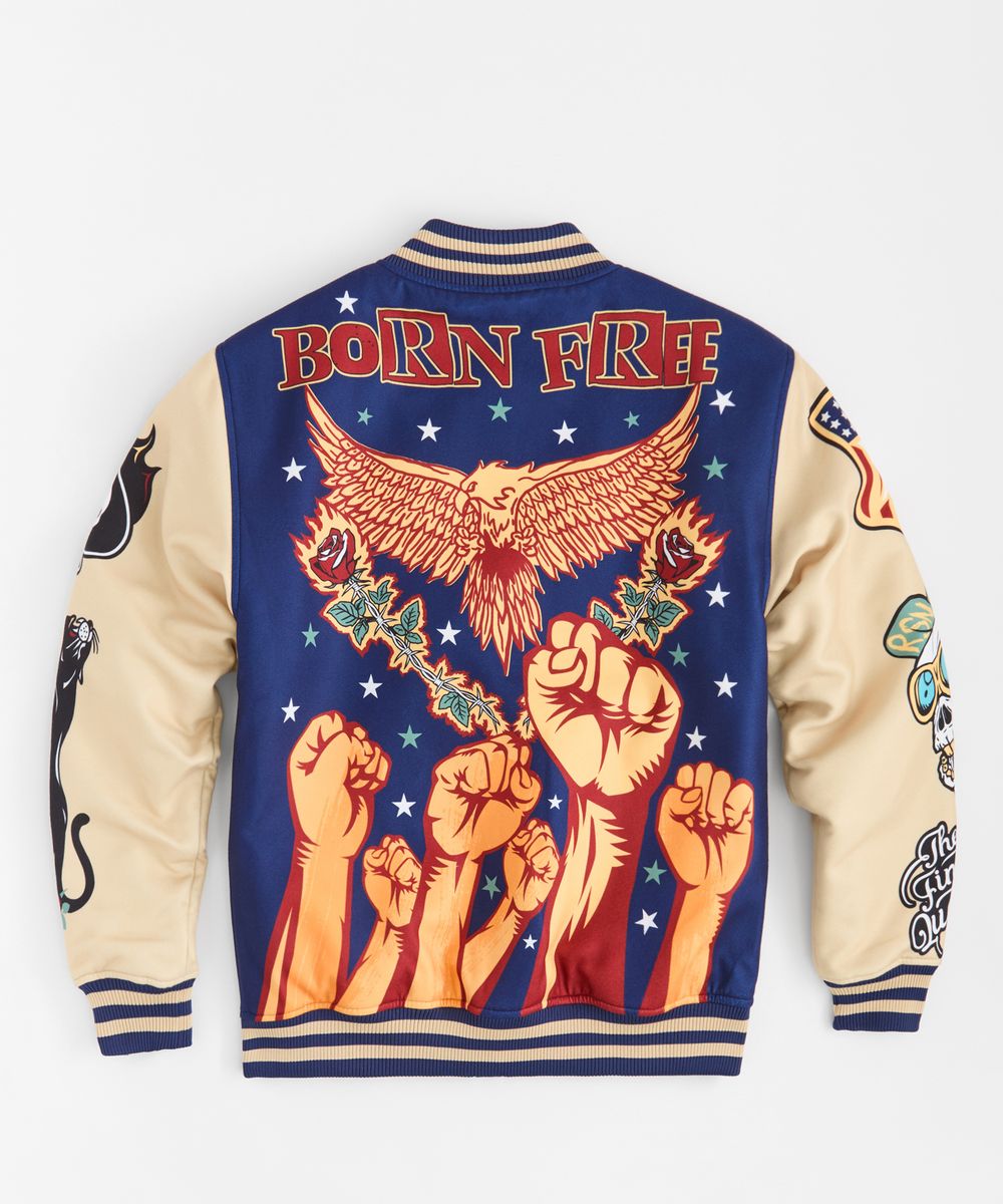 Varsity jacket with 'Born Free' design featuring an eagle and raised fists on a blue background.